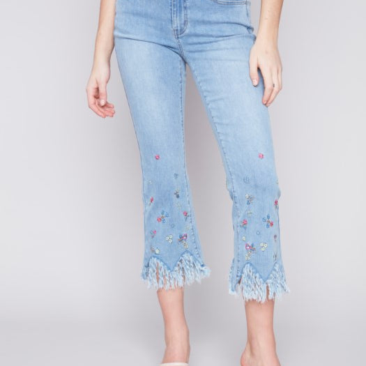 Charlie B C5398R Cropped Jeans with Embroidered Fringed Hem