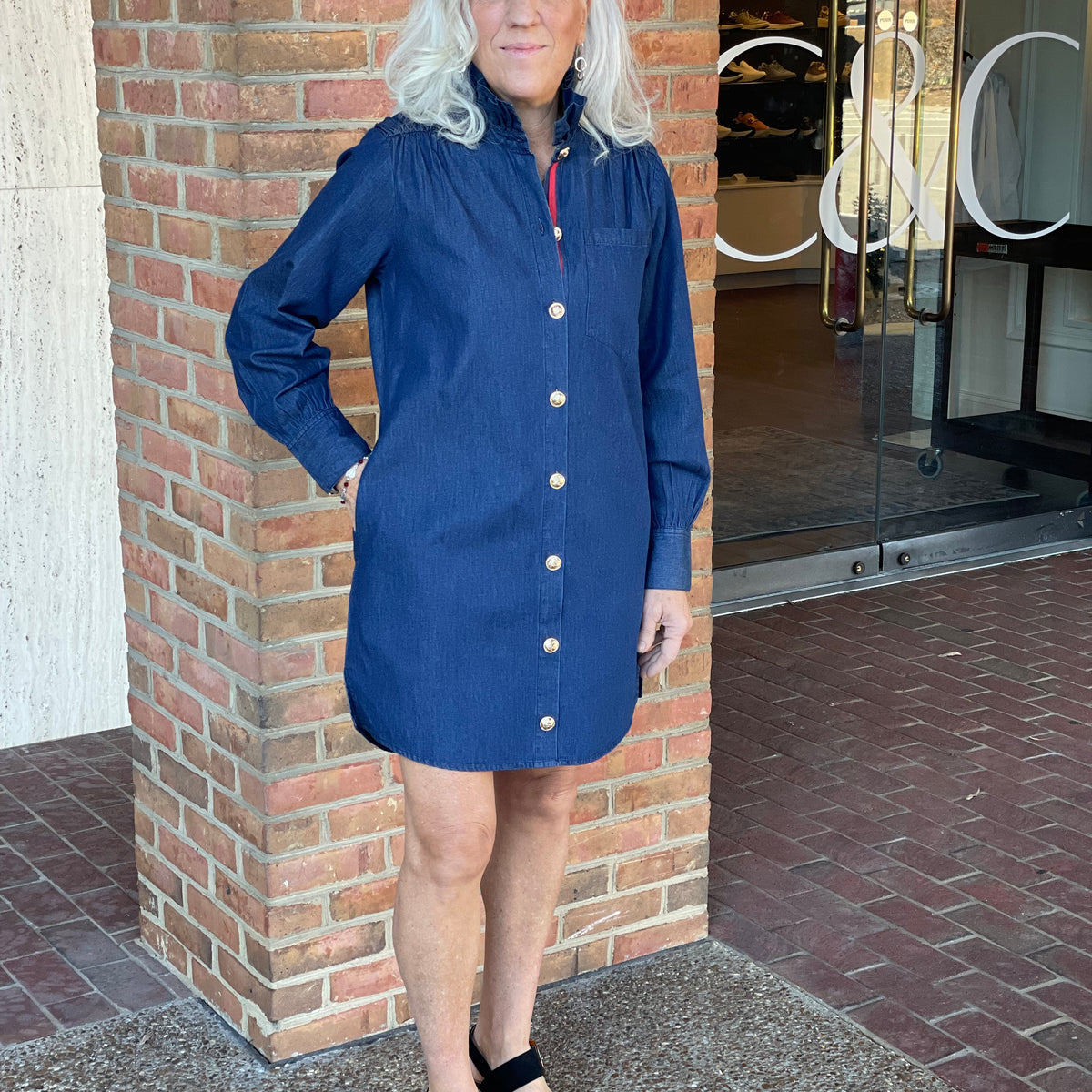 FINAL SALE Dizzy Lizzie 621-Den Denim Tunic Dress with Ruffle Neck and Side Pockets Small