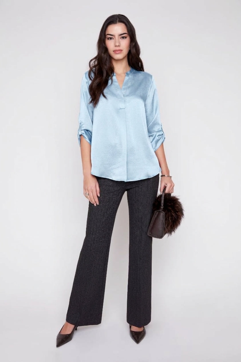 Renuar R5067 Waffle Texture V-Neck Blouse w/ Tab Sleeves
