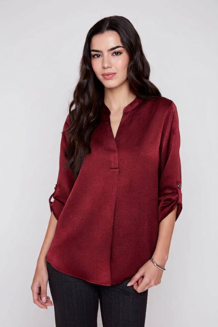 Renuar R5067 Waffle Texture V-Neck Blouse w/ Tab Sleeves
