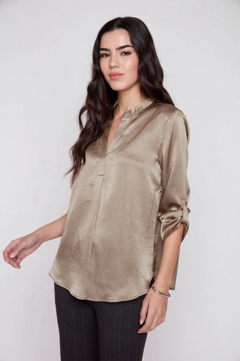 Renuar R5067 Waffle Texture V-Neck Blouse w/ Tab Sleeves