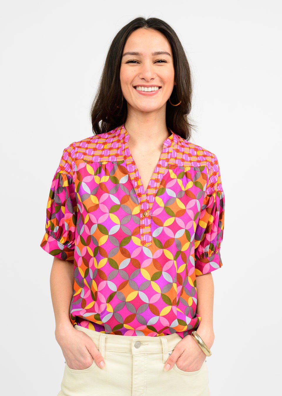 FINAL SALE Ivy Jane 621556 Geo Mix Popover Top