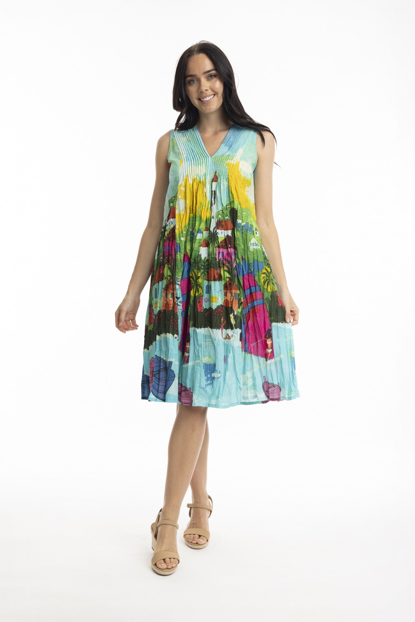 Orientique Australia 20059 Printed Cotton Pleated V Neck Dress