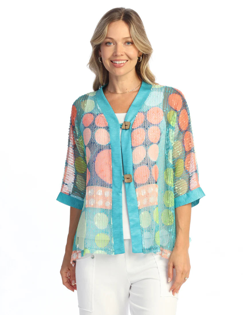 Jess & Jane BC8-2069 Printed Mesh Cardigan with Button Close