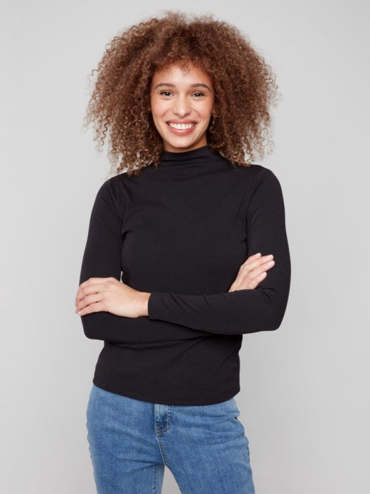 Charlie B C1413 Rib Knit Long Sleeve Mock Neck Top