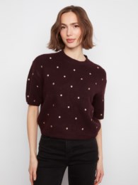 Charlie B C2858ER Embroidered Polka Dot Elbow Sleeve Knit Sweater
