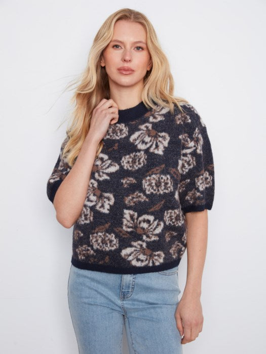 Charlie B C2858J Elbow Sleeve Balloon Shape Jacquard Sweater