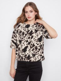 Charlie B C2858RP Cow Print Balloon Elbow Sleeve Knit Sweater
