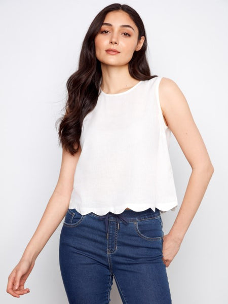 Charlie B C4698 Sleeveless Top w/ Scallop Edge and Back Decorative