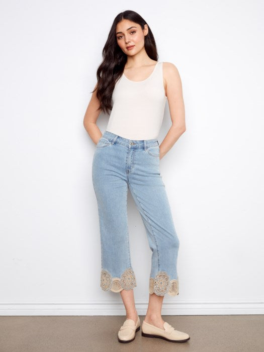 Charlie B C5773 Stretch Denim Flare Leg Pants w/ Laser Cut Lace At