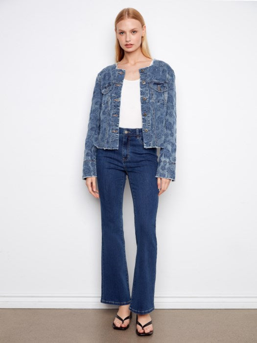 Charlie B C6404 Eyelet Stretch Denim Collarless Jacket – Cute & Comfy