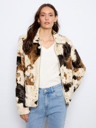 Charlie B C6441 Cow Print Faux Fur Jacket