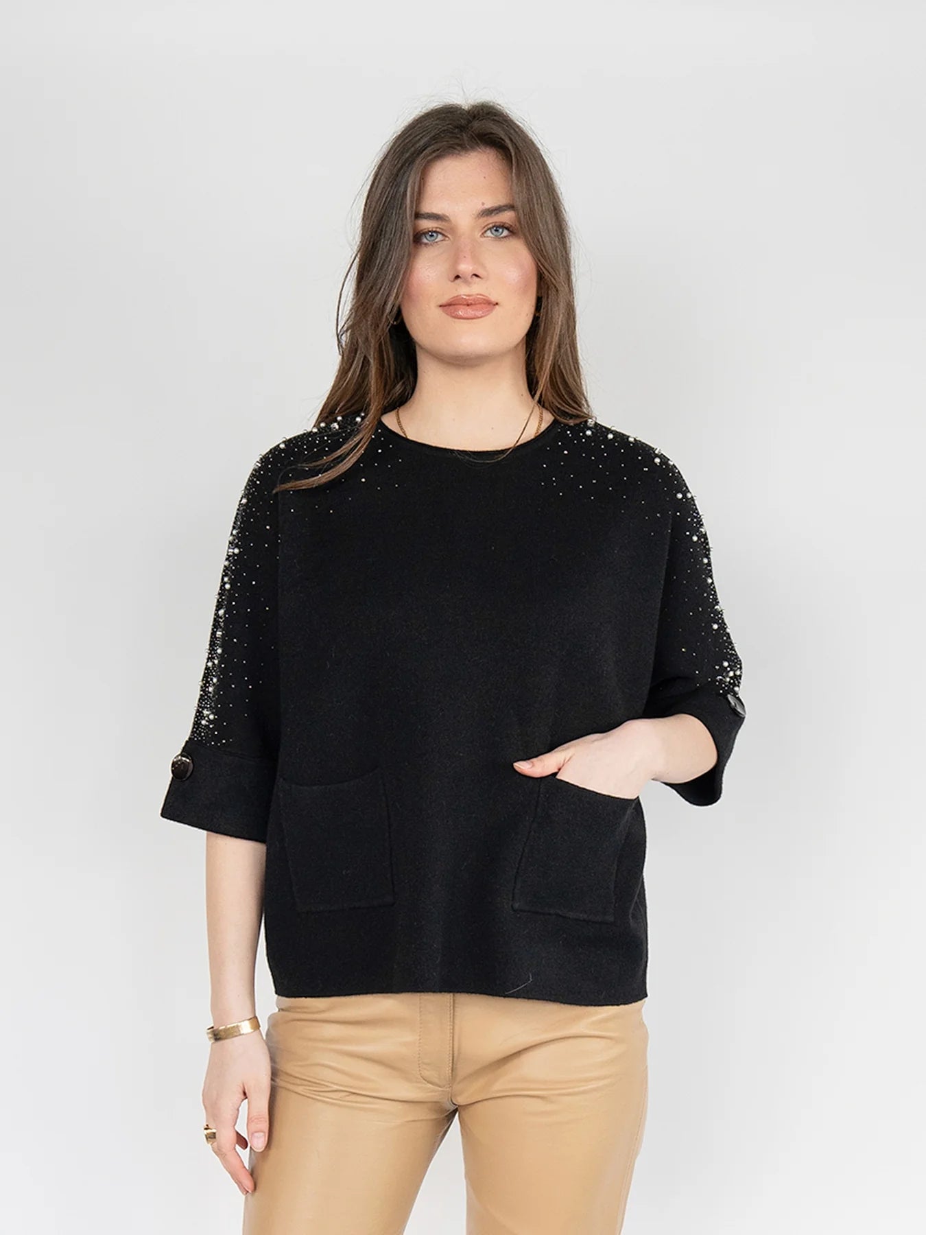 Nikky Apparels GN320 3/4 Sleeve Sweater with Rhinestones and Pearls