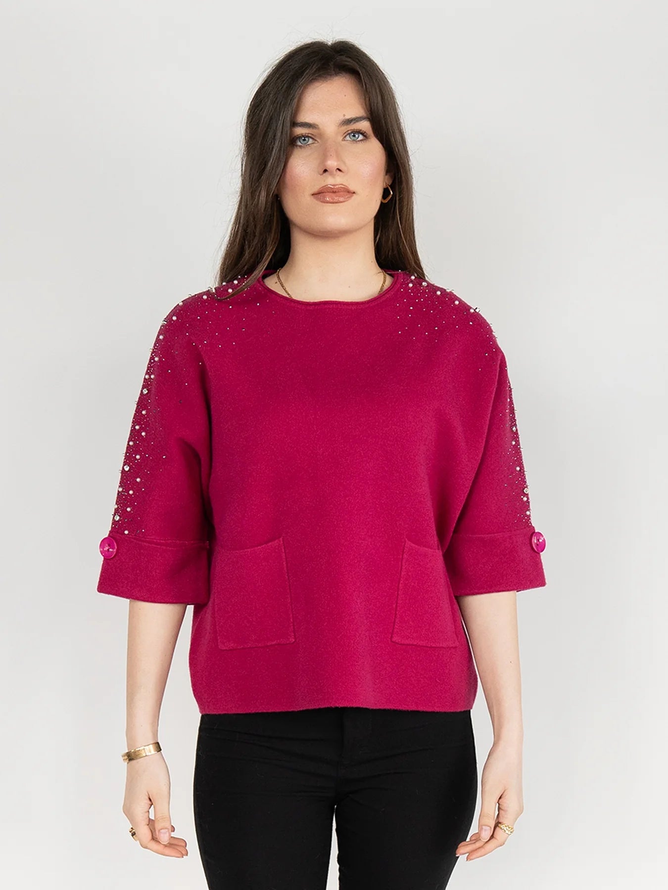 Nikky Apparels GN320 3/4 Sleeve Sweater with Rhinestones and Pearls