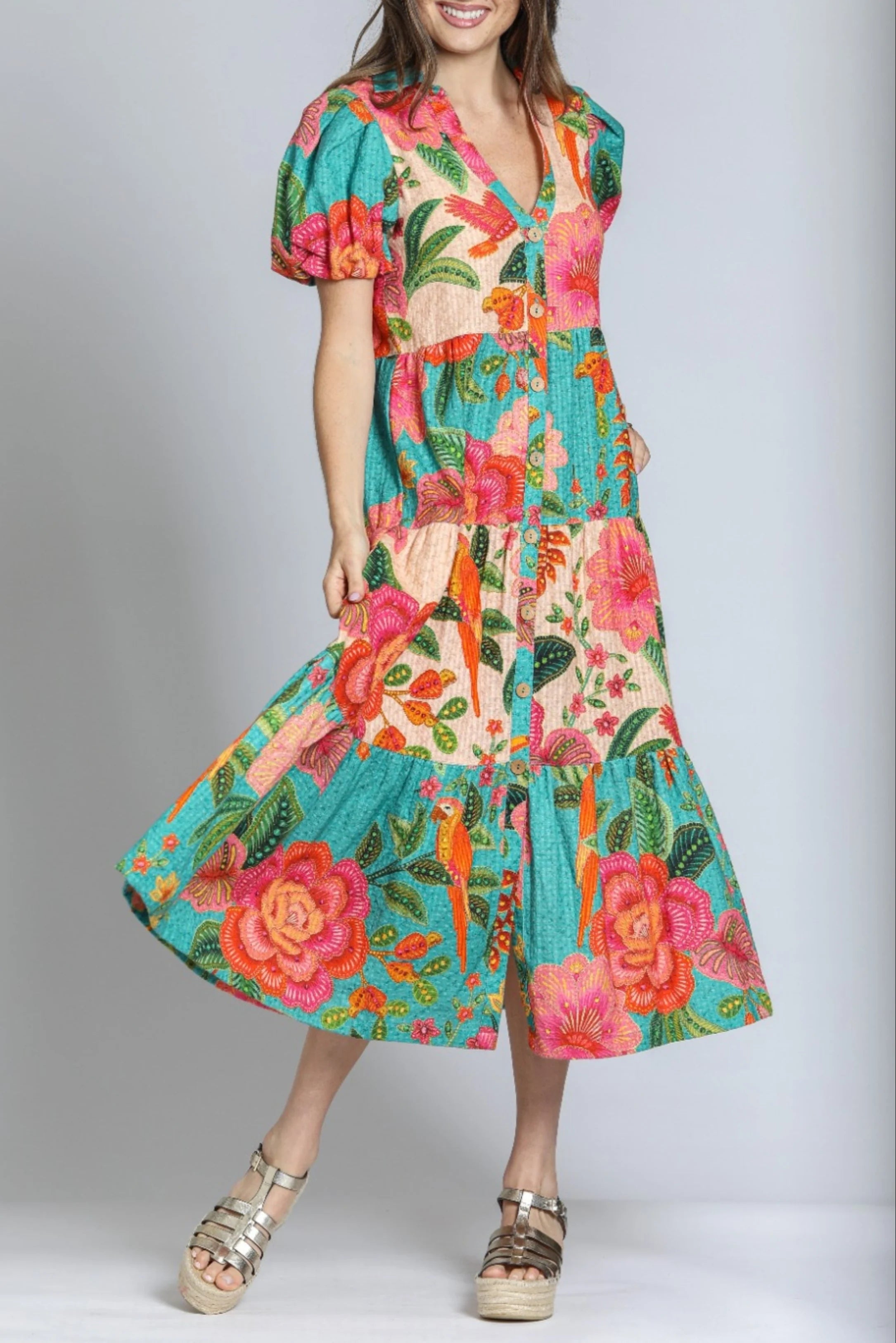 APNY J39 Mixed Print Long Tiered Dress