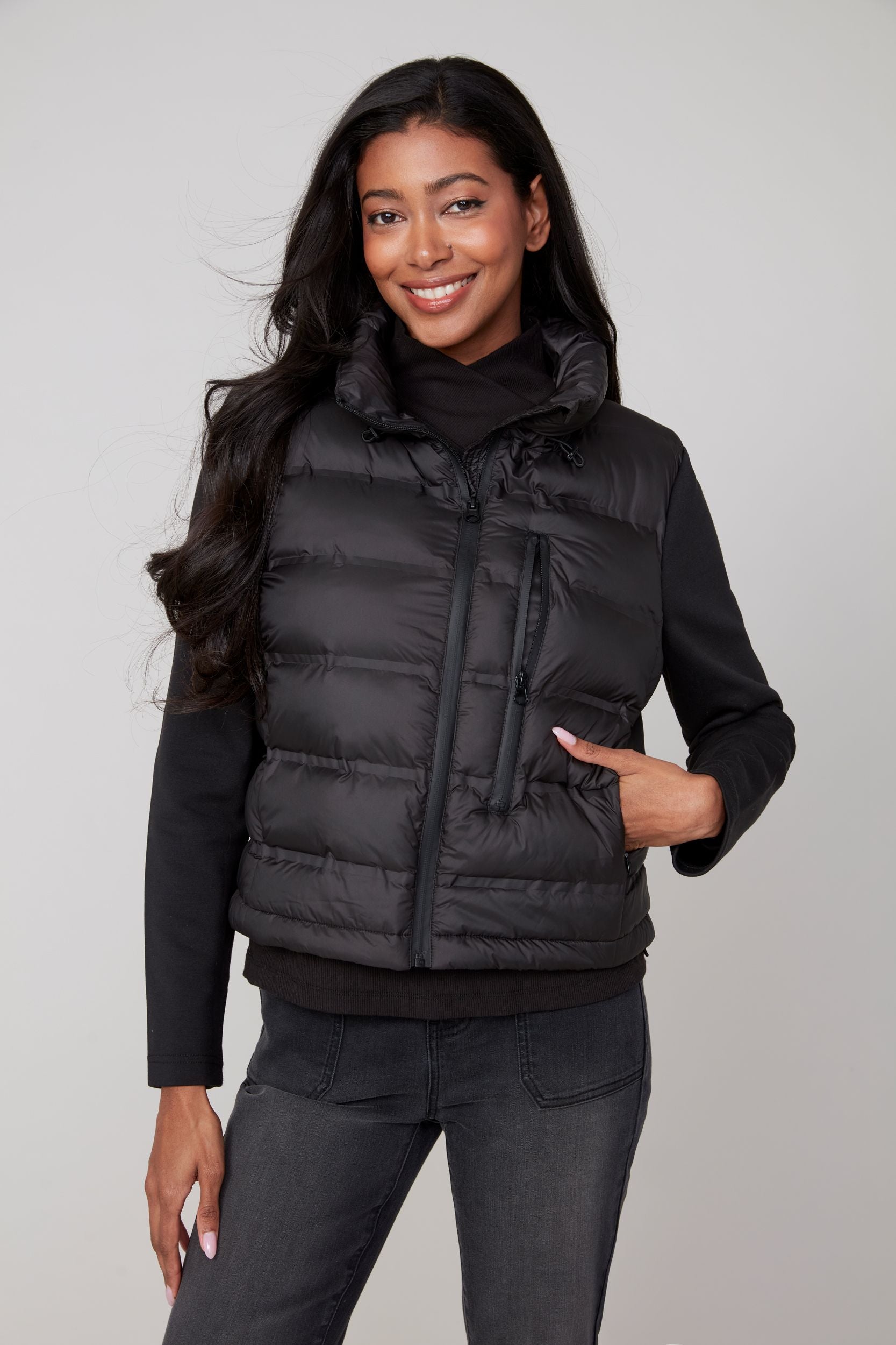 Renuar R3858L Crop Mix Media Puffer Jacket
