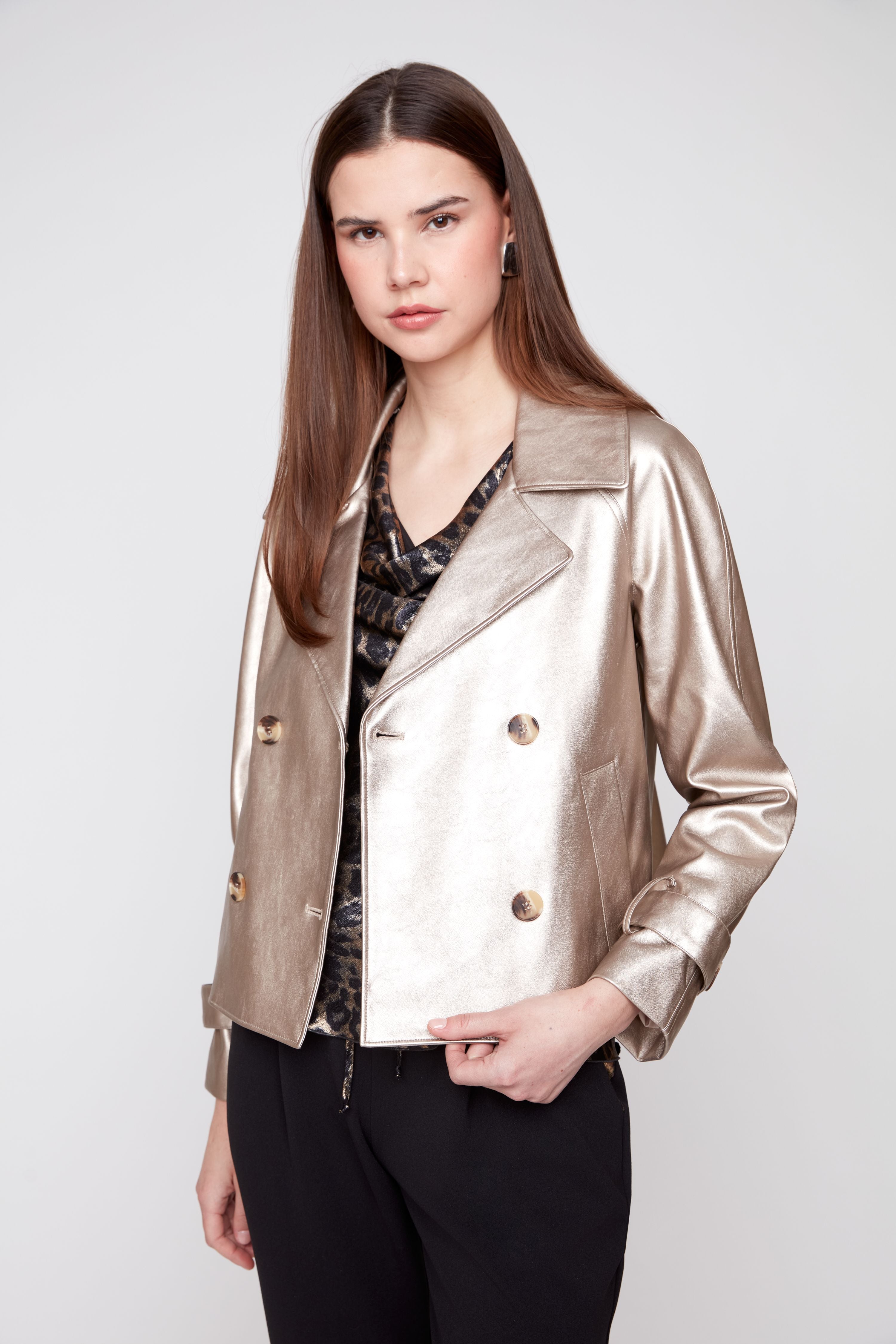 Renuar R3959L Metallic Pleather Cropped Jacket