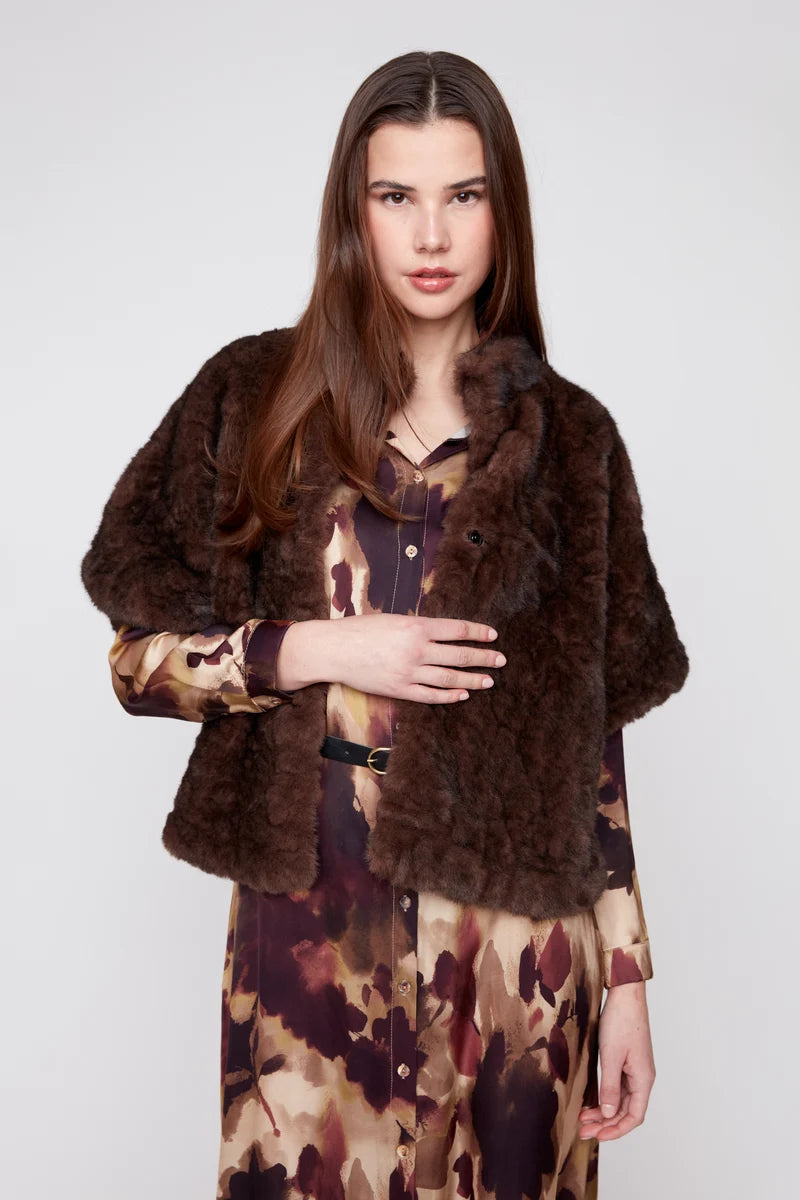Renuar R3975L Ruched Faux Fur Poncho w/ Hidden Buttons