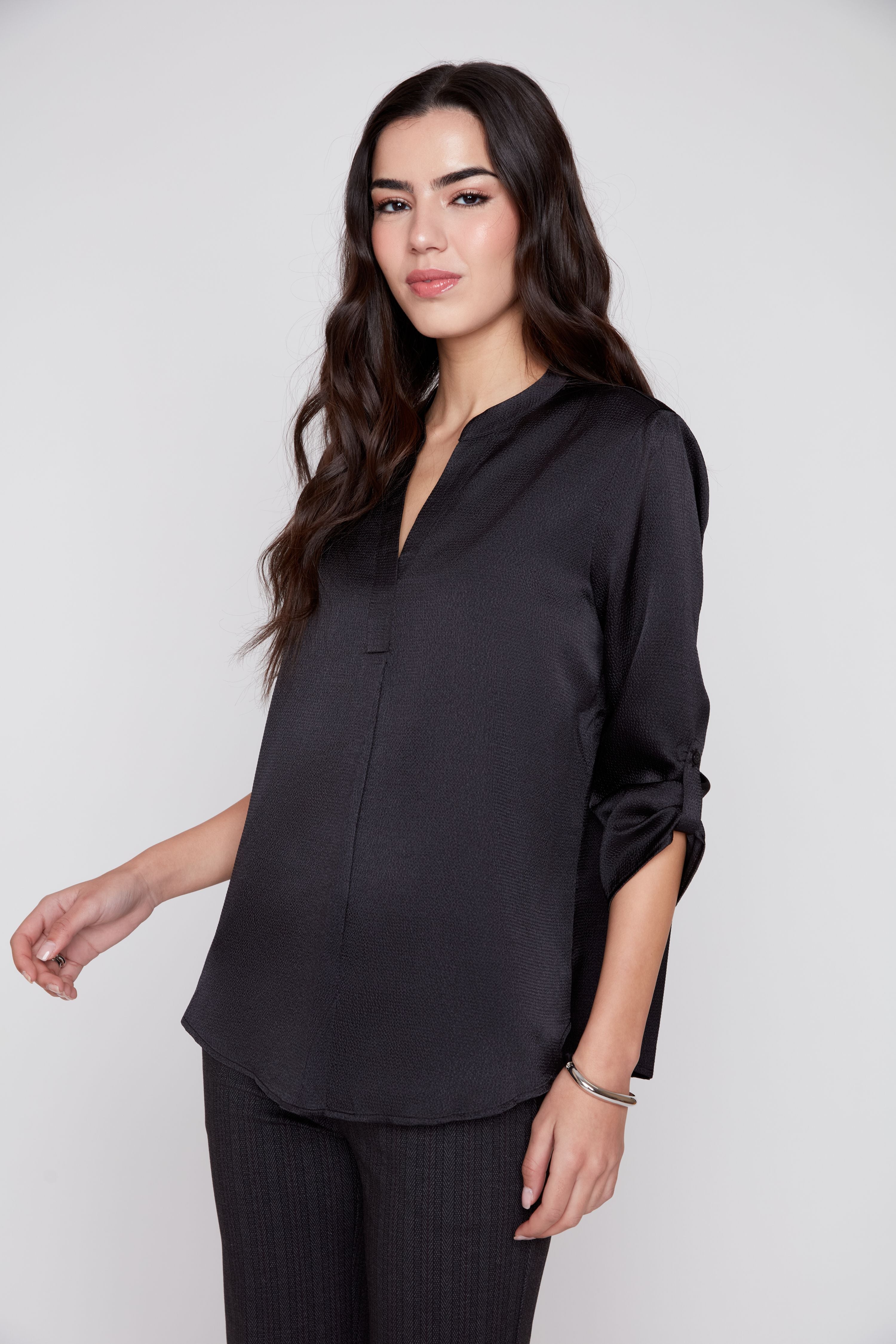 Renuar R5067 Waffle Texture V-Neck Blouse w/ Tab Sleeves