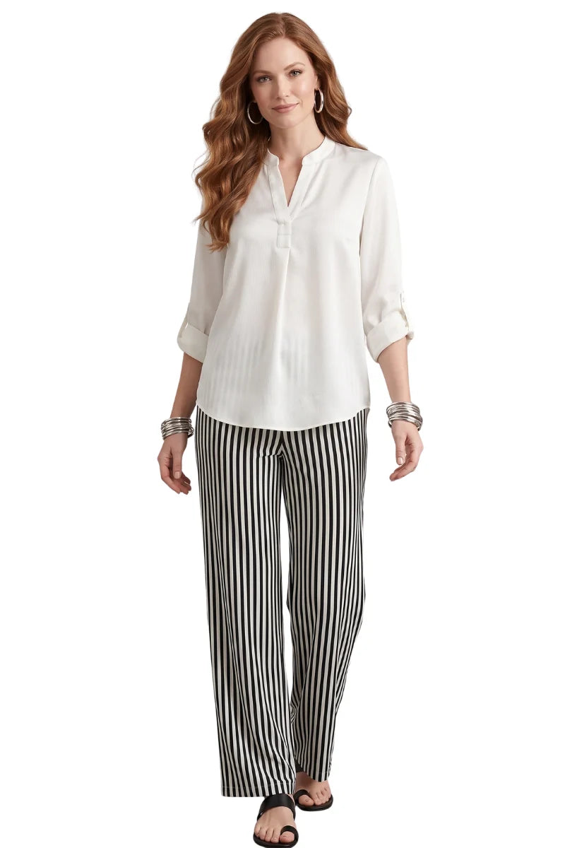 Renuar R5067 Waffle Texture V-Neck Blouse w/ Tab Sleeves