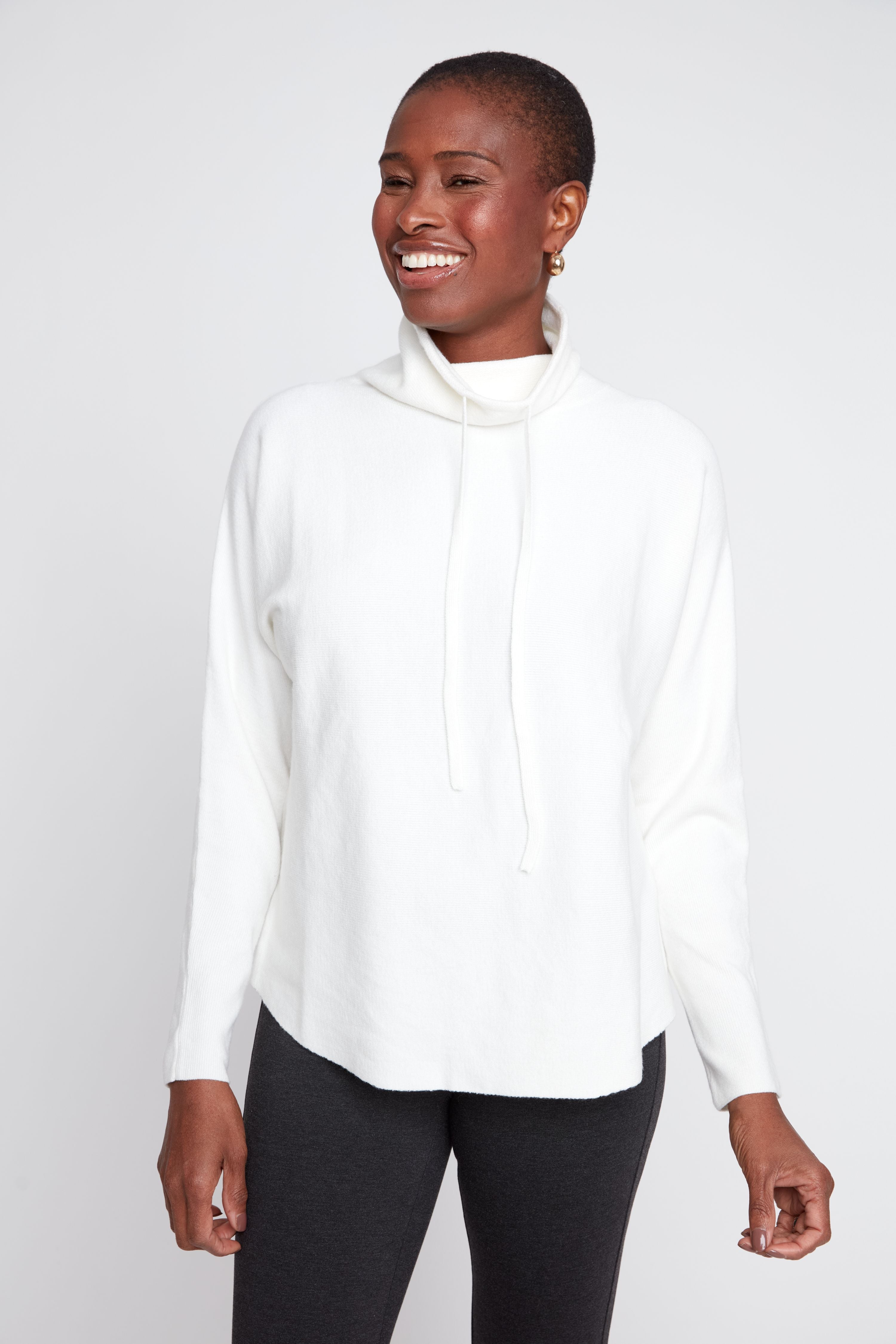 Renuar R6997 Drawstring Funnel Neck Rib Knit Sweater