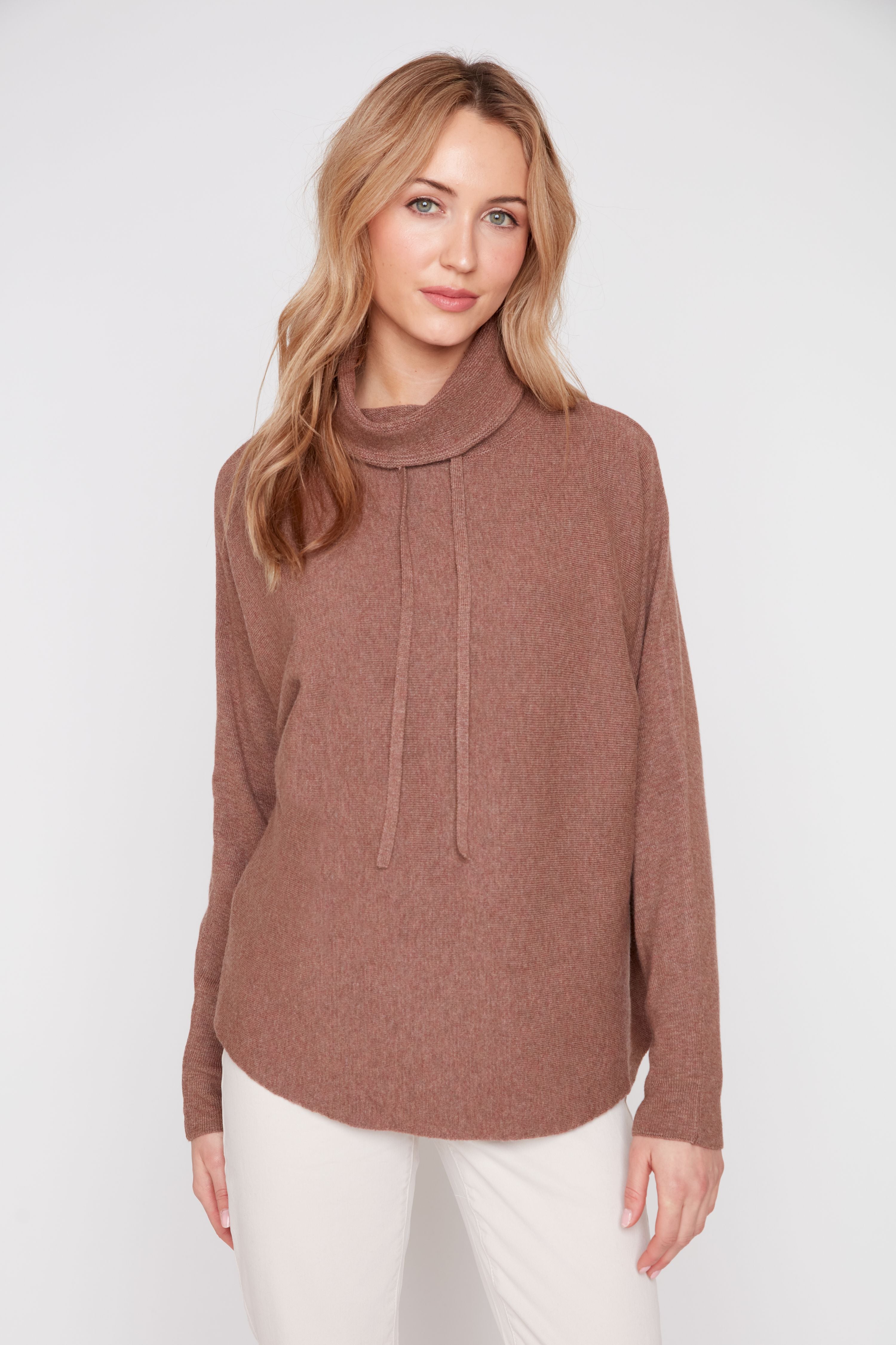 Renuar R6997 Drawstring Funnel Neck Rib Knit Sweater