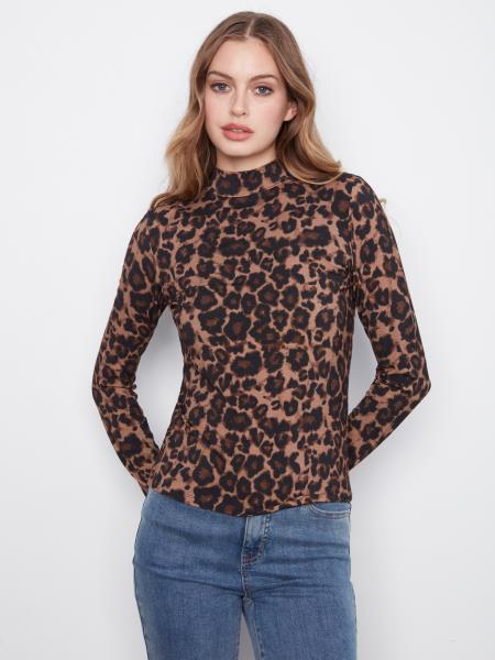 Charlie B C1404R Animal Print Mock Neck Top