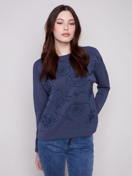 Charlie B C1406E Scuba Knit Top With Soutache Front Detail