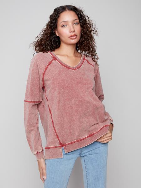 Charlie B C1407 Cold Dye French Terry V-Neck Raglan Sleeves Top