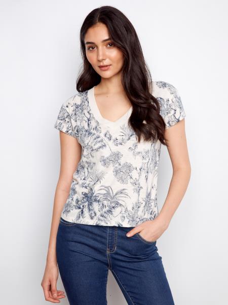Charlie B C1428 Printed Organic Drop Shoulder V-Neck Tee