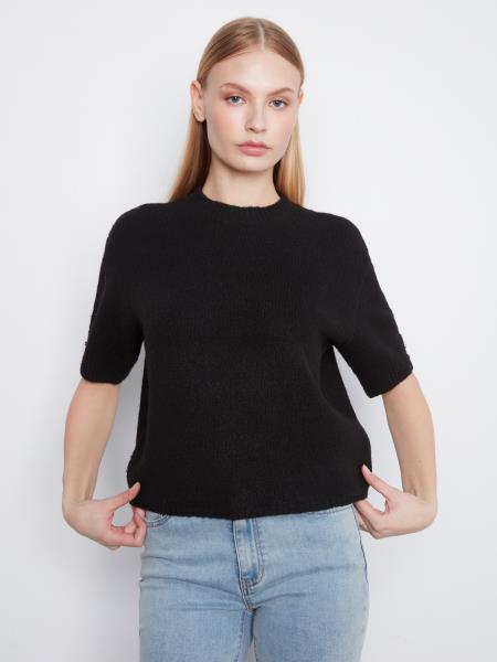 Charlie B C2160 Elbow Sleeve Mock-Neck Sweater w/ Button Details at Cuff