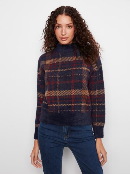 Charlie B C2910QR Plaid Eyelash Mock Neck Sweater