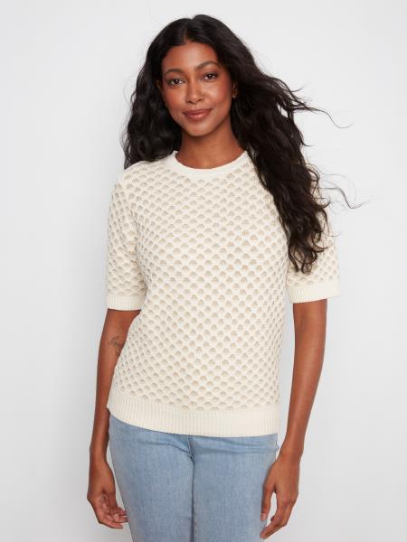 Charlie B C2997 Metallic Honeycomb Short Sleeve Sweater