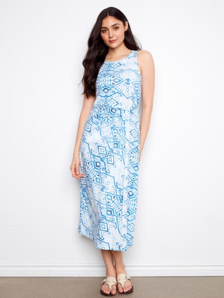 Charlie B C3206R Printed Cotton Slub Dress w/ Faux Knot Detail