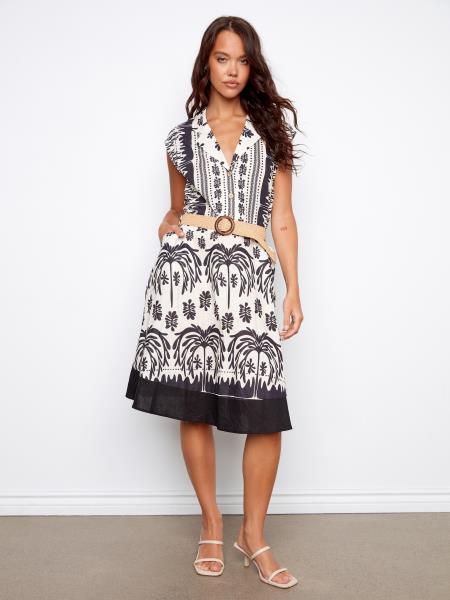 Charlie B Printed Linen Cotton Dress With Straw Belt Oasis / M