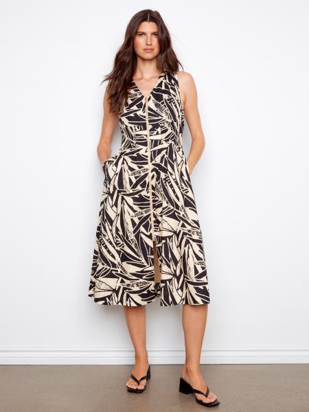 Charlie B C3227P Cotton Voile Printed Front Zip Maxi Dress Medium