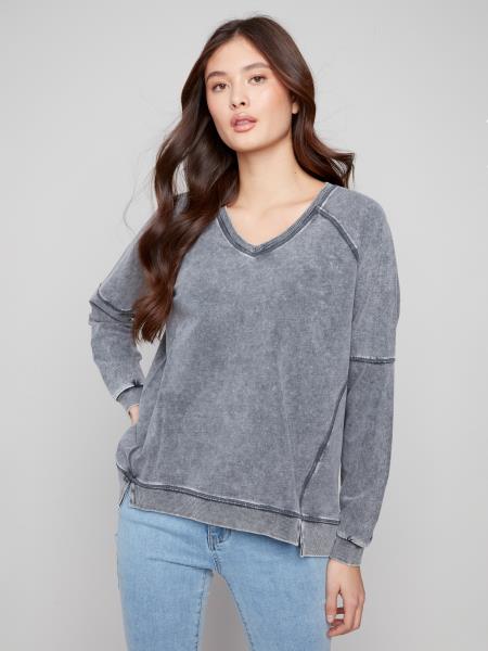 Charlie B C1407 Cold Dye French Terry V-Neck Raglan Sleeves Top