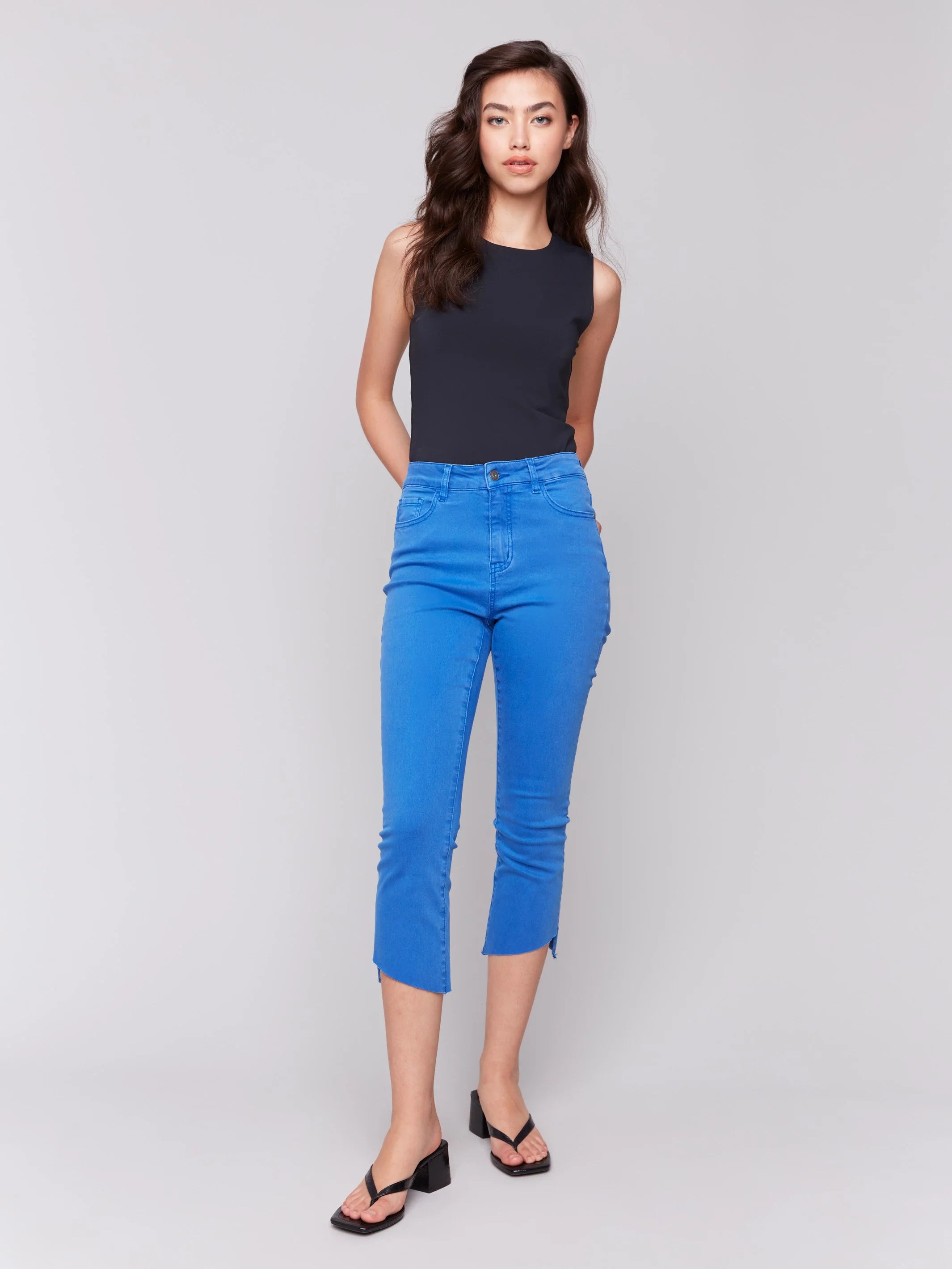 Charlie B C5466R Cropped Twill Pants with Asymmetrical Hem