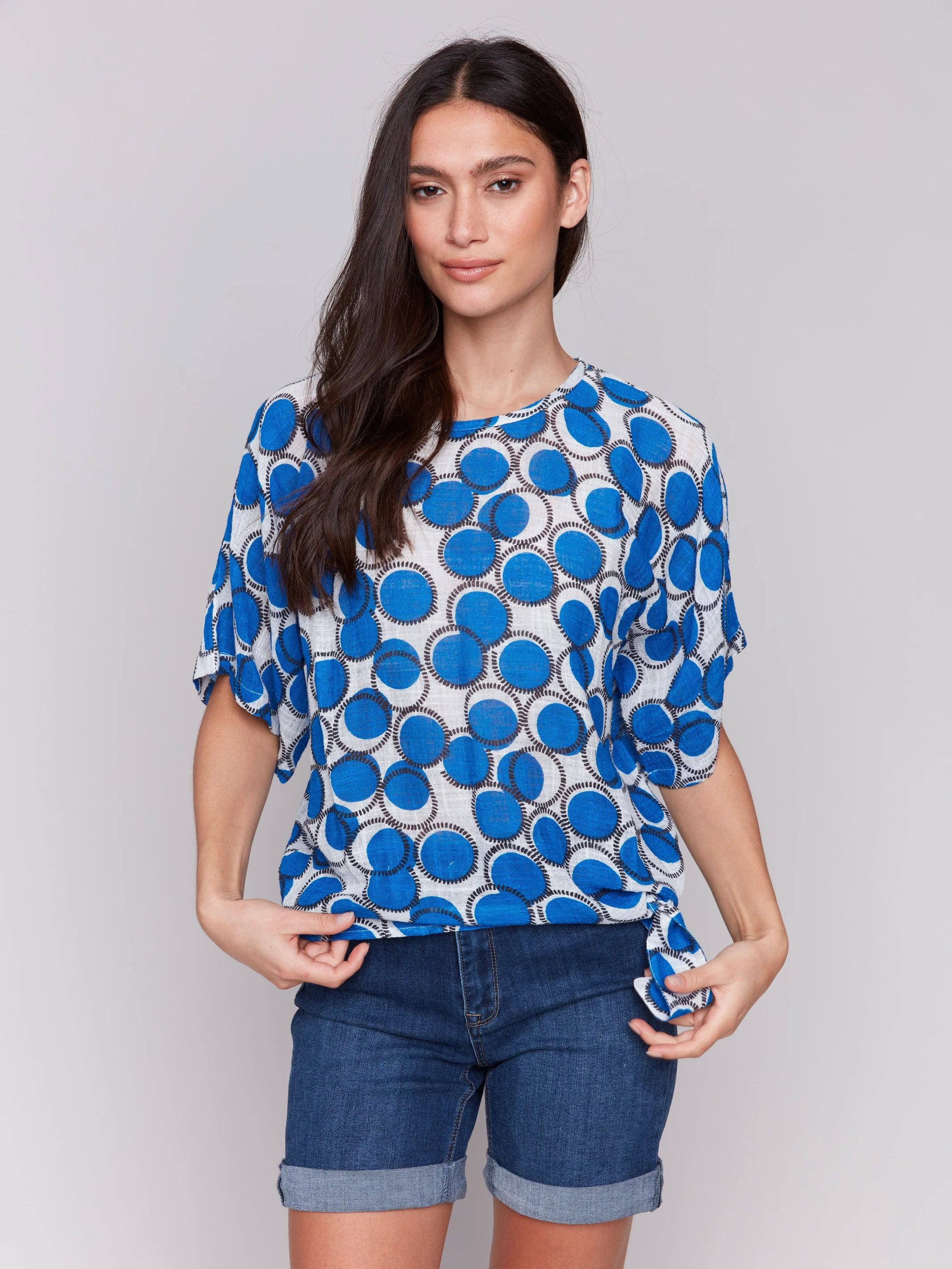 Charlie B C4403A Printed Cotton Gauze Blouse with Side Tie