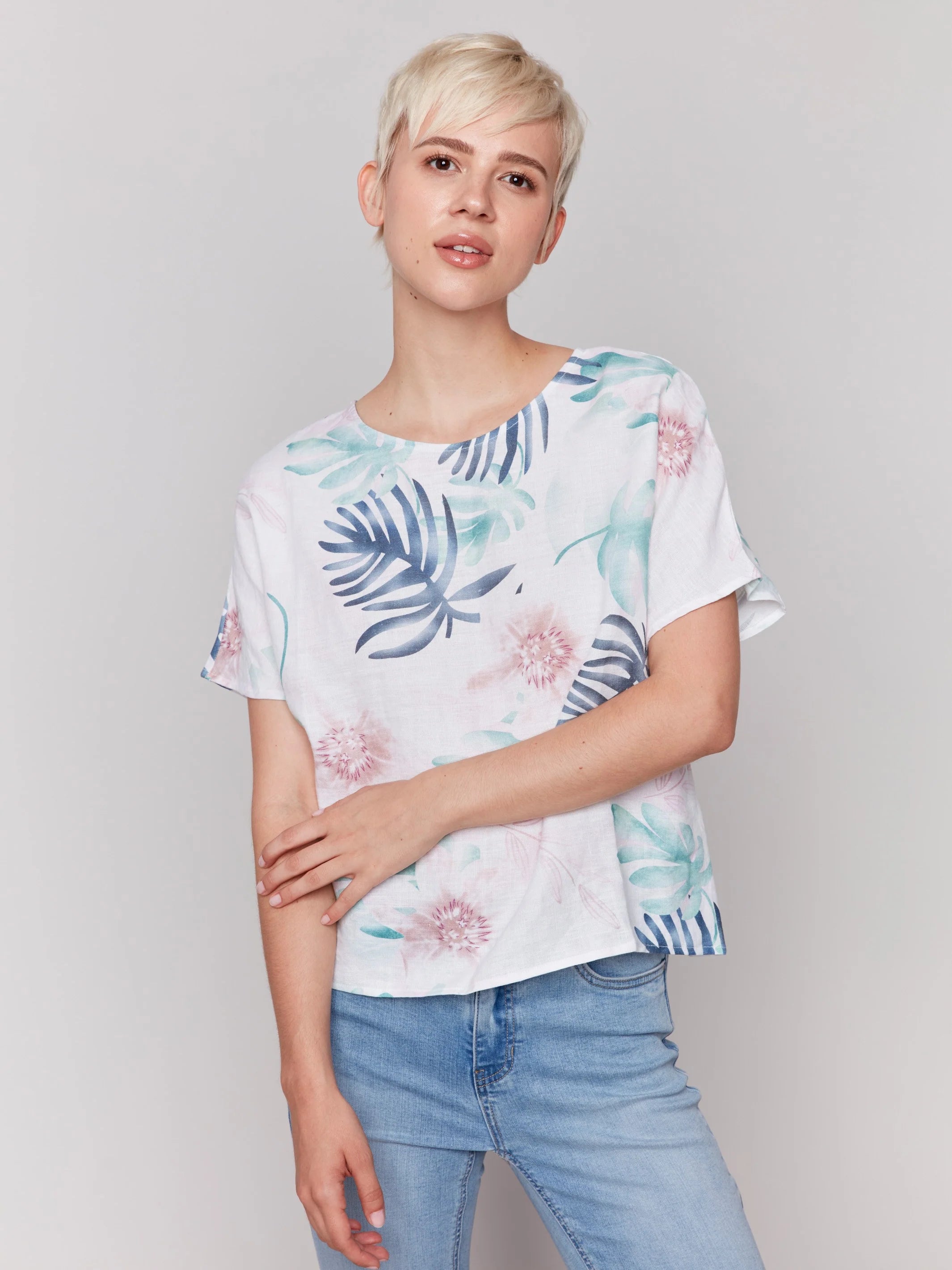 Charlie B C4487P Printed Linen Dolman Top