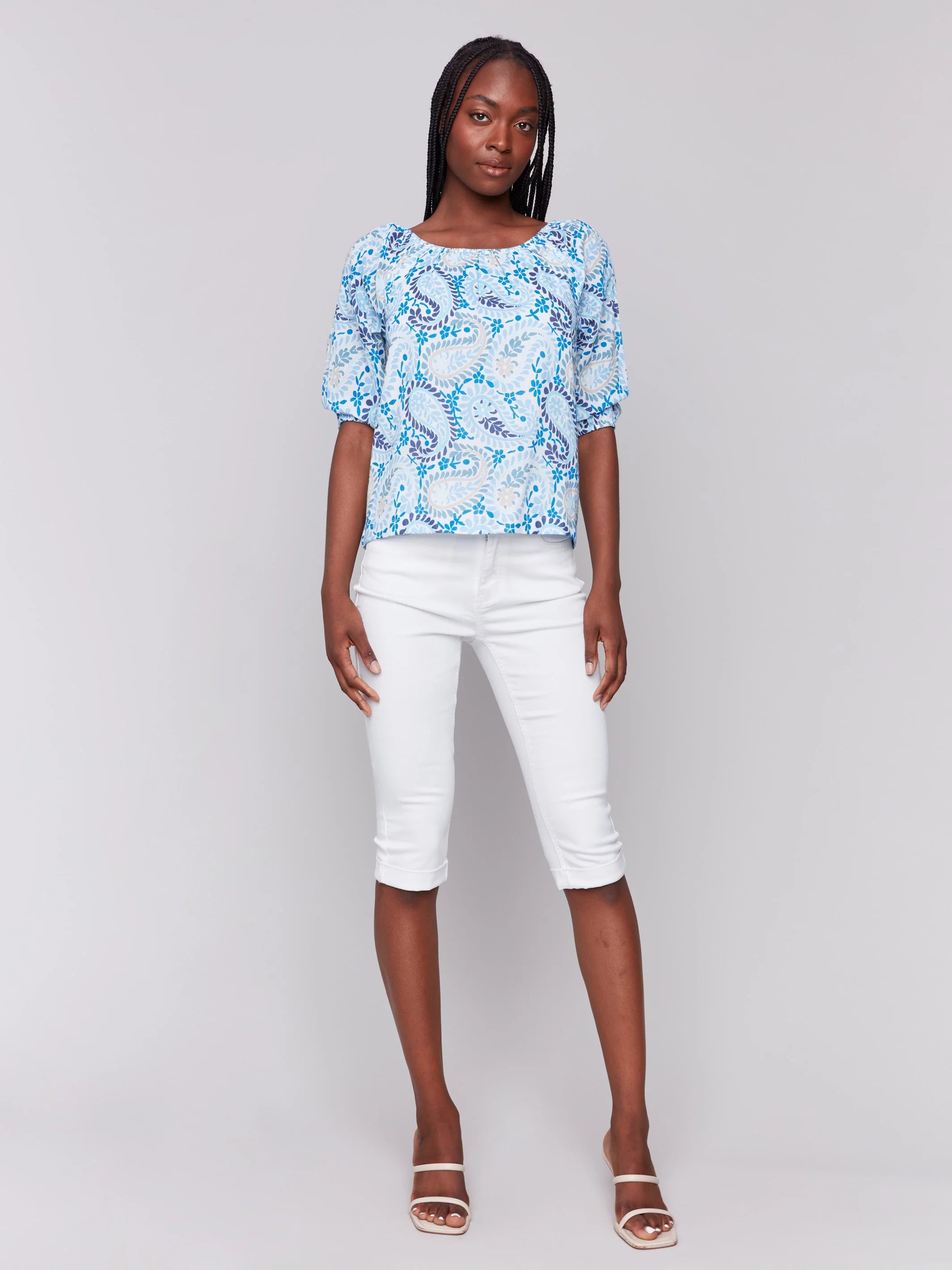 Charlie B C4527R Printed Off-The-Shoulder Cotton Blouse