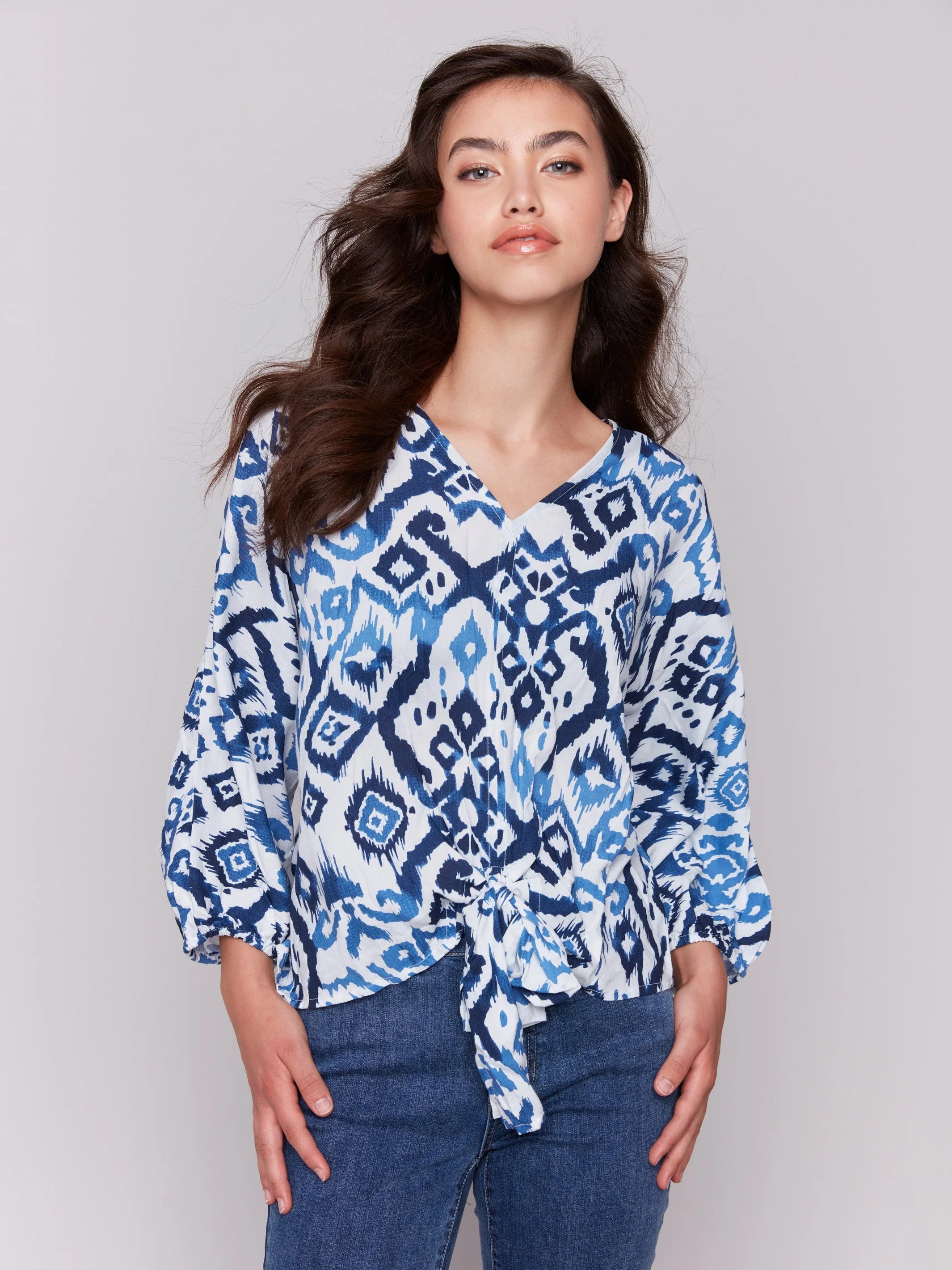 Charlie B C4579P Printed Popover Blouse with Front Tie