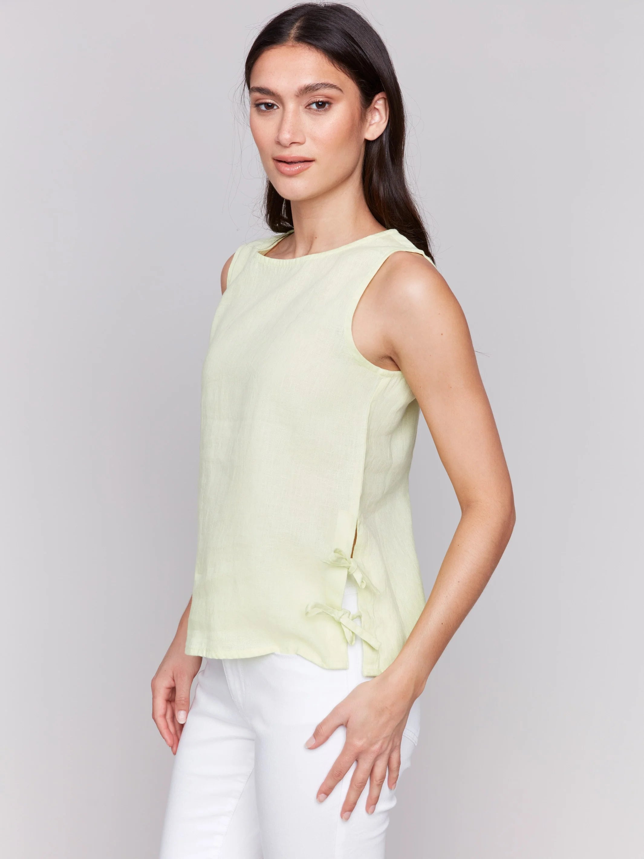 Charlie B C4592 Sleeveless Linen Blend Top with Side Ties